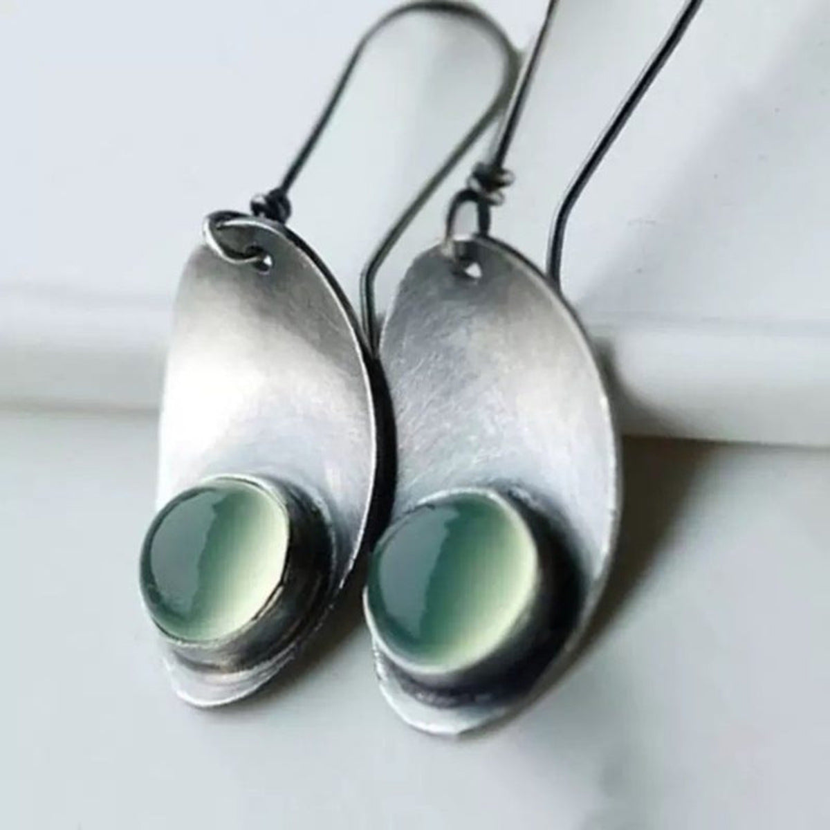 Teal Oval Stone Sculptural Silver Earrings JLT14077