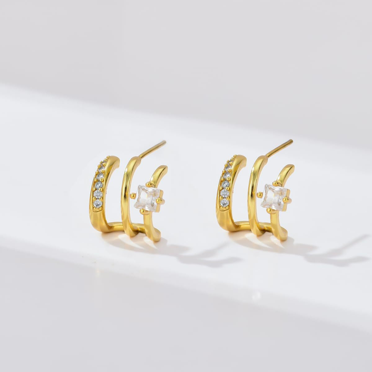 Triple Row Crystal Accent Gold Huggie Earrings JLT14090