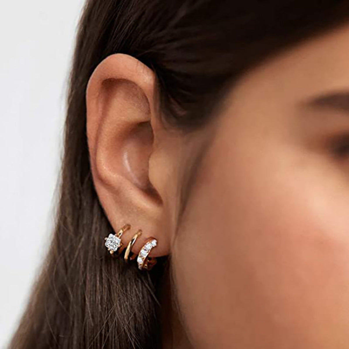Triple Row Crystal Accent Gold Huggie Earrings JLT14090