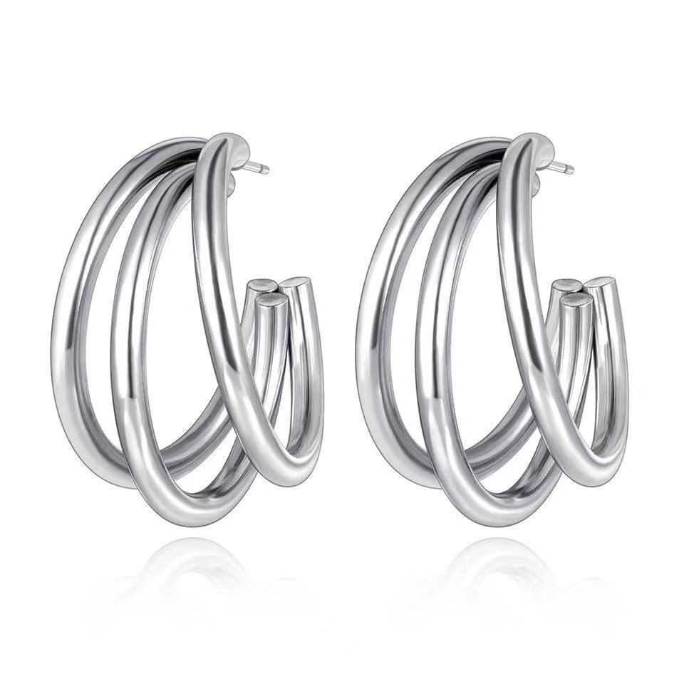 Silver Triple-Layer Huggie Hoop Earrings JLT14103