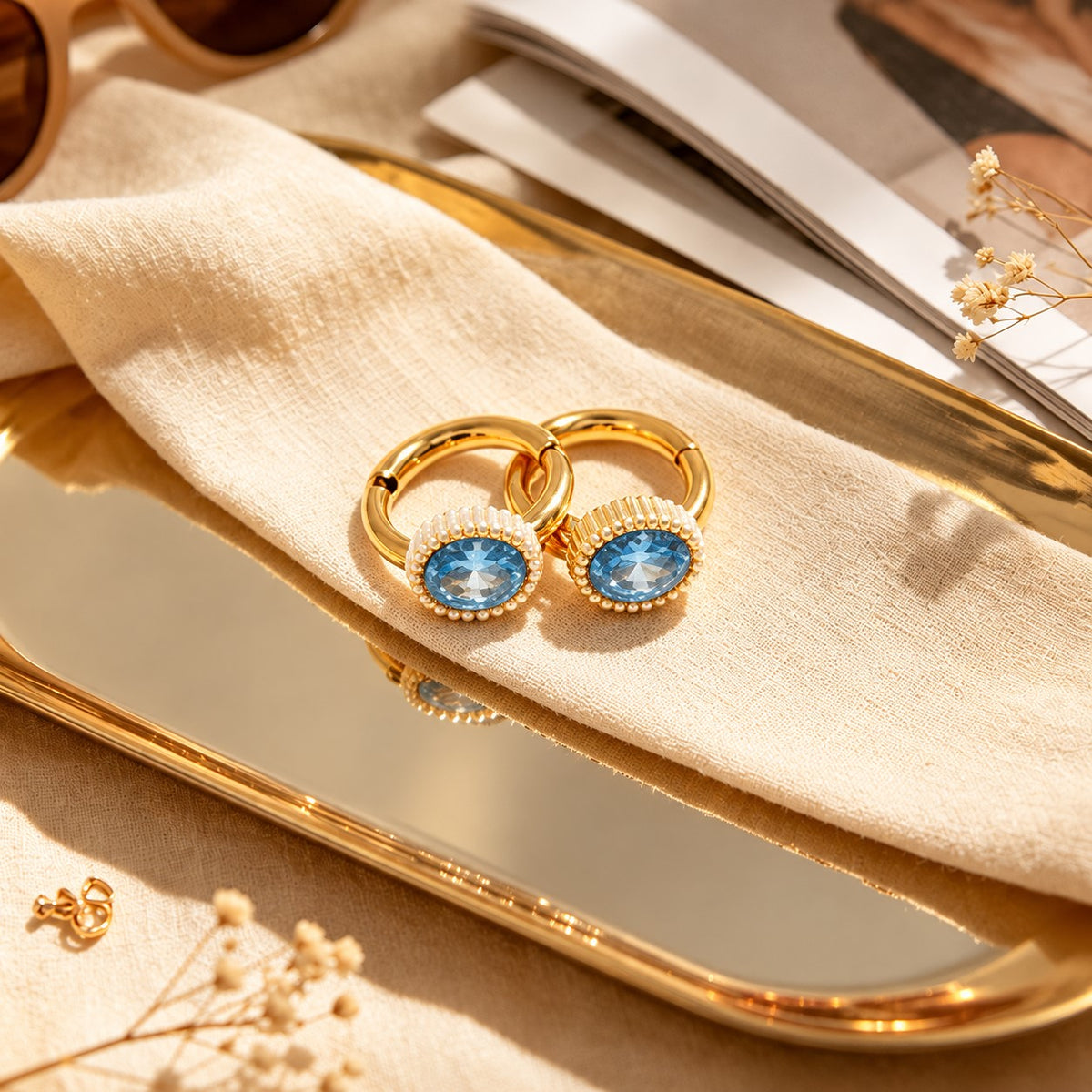 Gold Hoops with Blue Stone Accents JLT14157