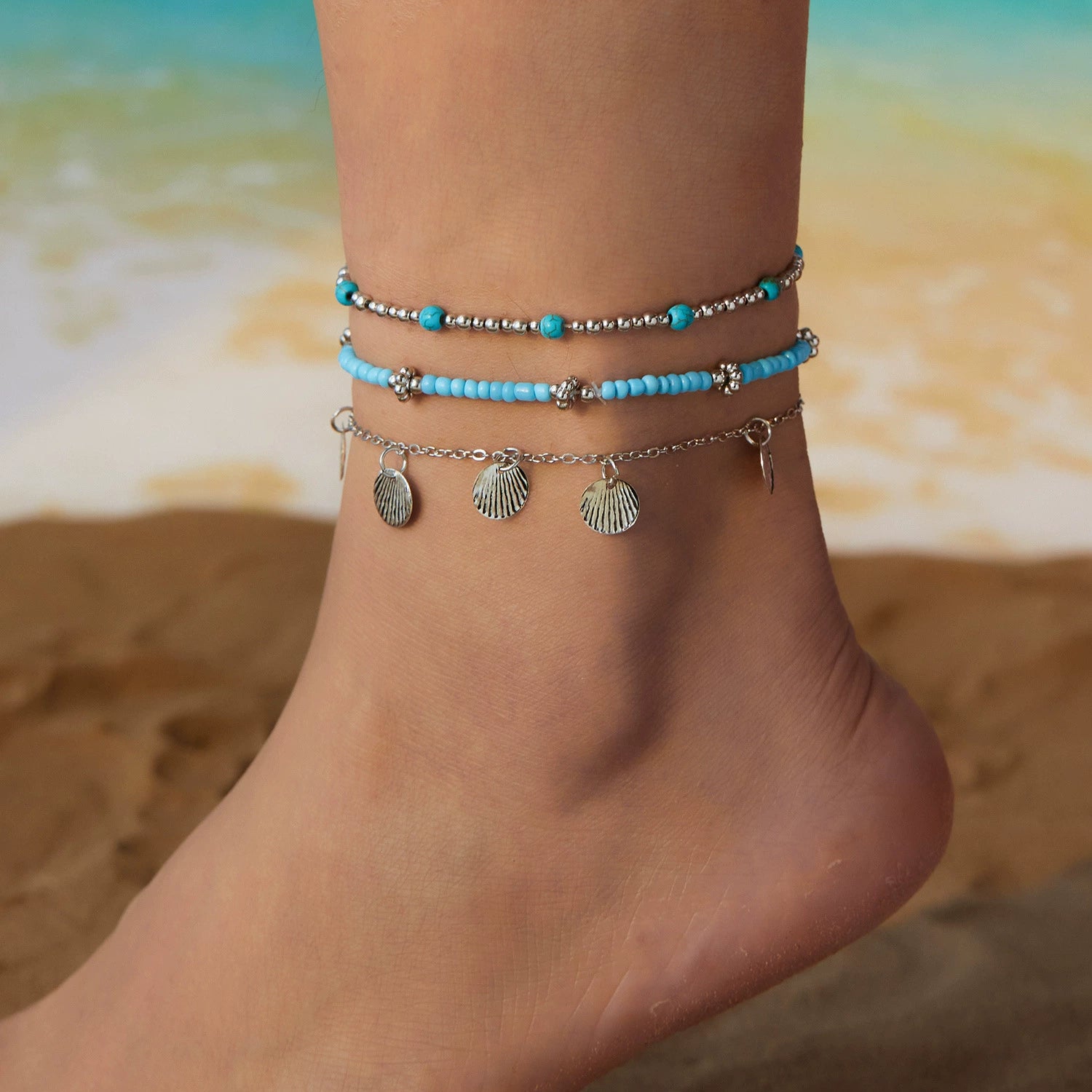 Just Lil Things Coastal Charm Shell & Bead Layered Anklet Set JLTAK0005