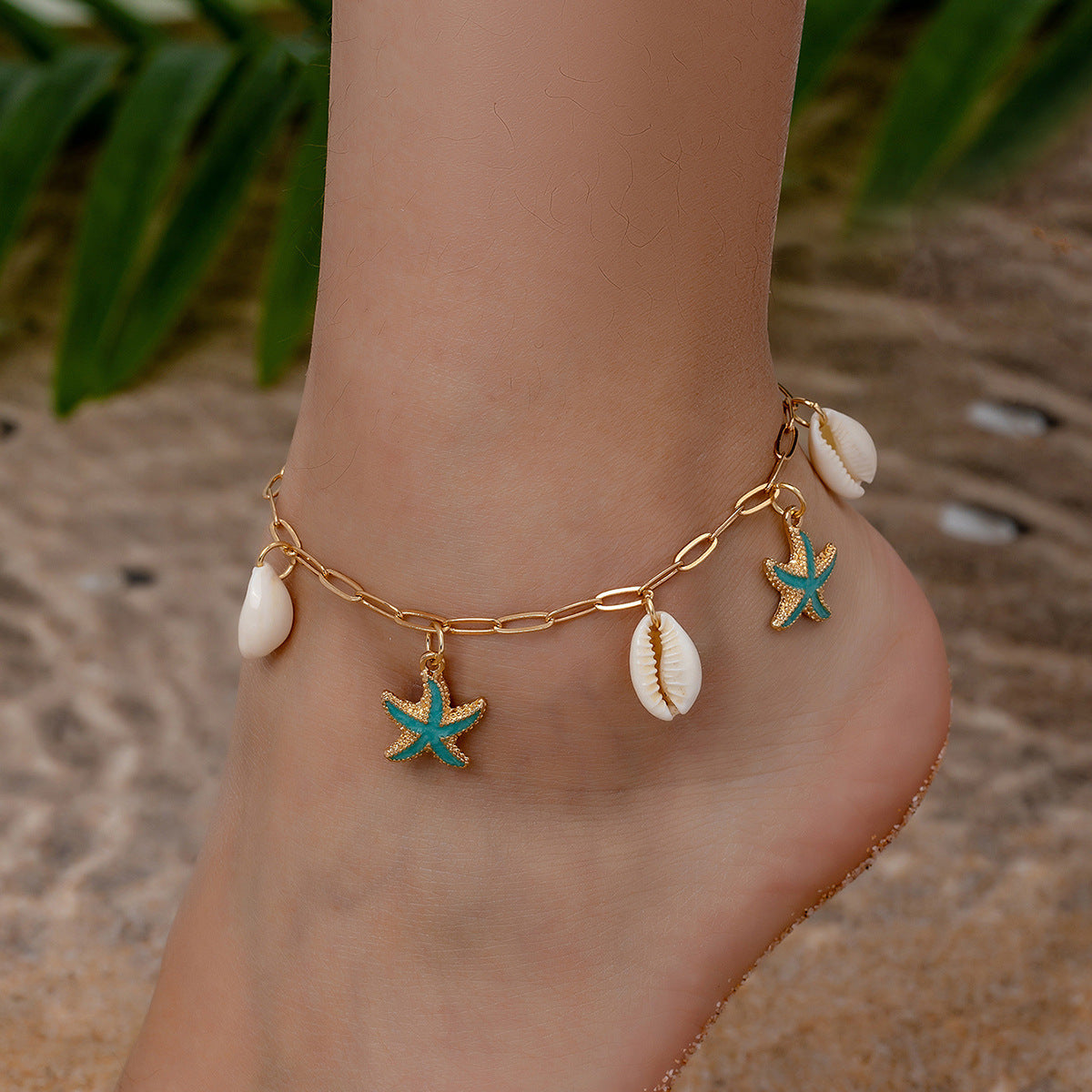 Just Lil Things Link Chain Anklet with Cowrie Shells & Turquoise Starfish Charms – Beach Vibes JLTAK0012