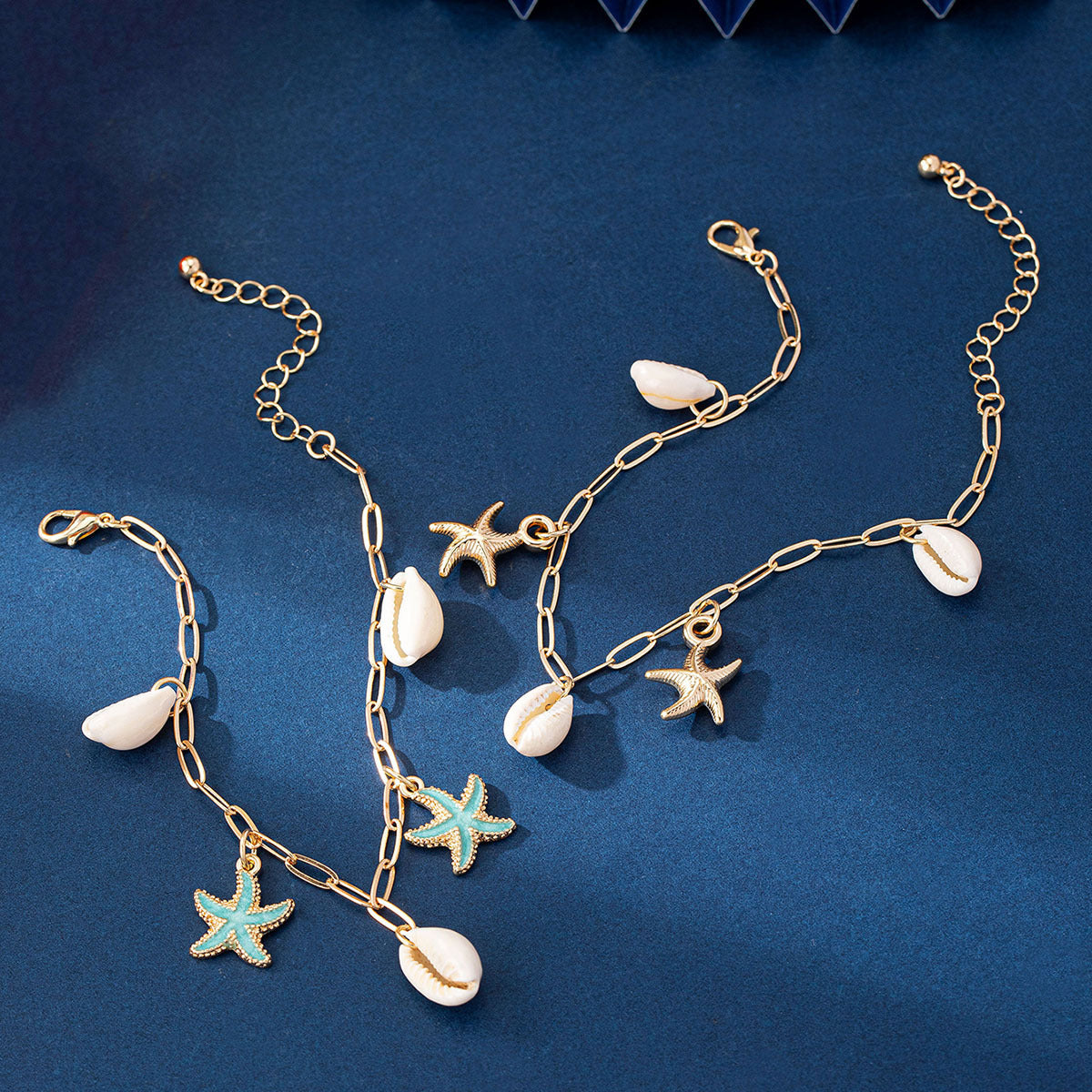Just Lil Things Link Chain Anklet with Cowrie Shells & Turquoise Starfish Charms – Beach Vibes JLTAK0012