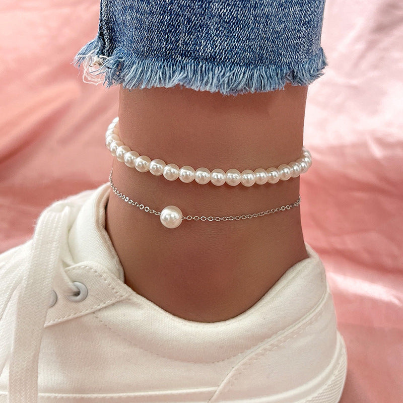 Just Lil Things Double Layer Anklet with Pearl Beads & Minimal Chain – Elegant Everyday Style JLTAK0013