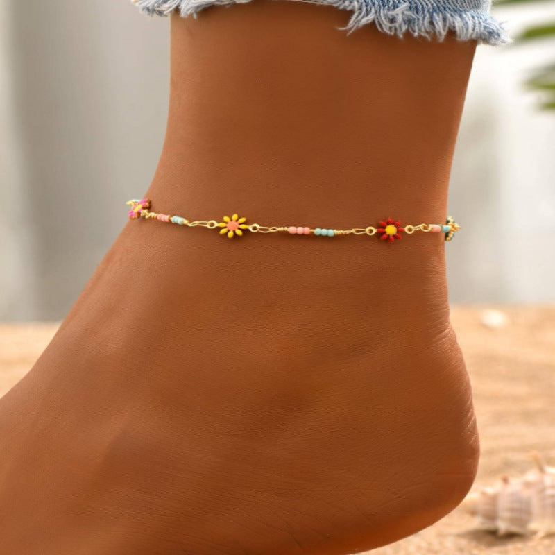 Just Lil Things Daisy Charm Anklet with Multicolor Beads – Boho Floral Beach Style JLTAK0014