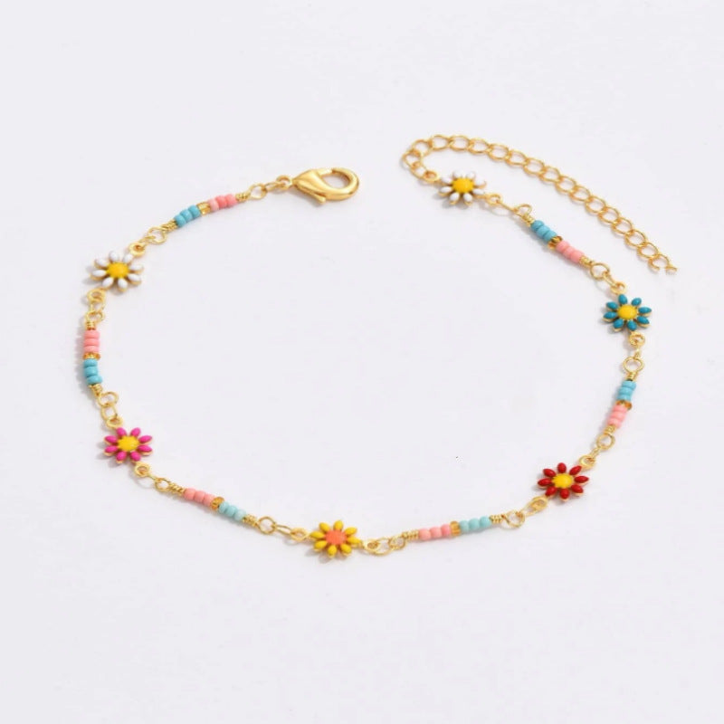 Just Lil Things Daisy Charm Anklet with Multicolor Beads – Boho Floral Beach Style JLTAK0014