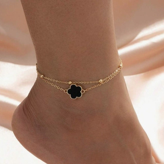 Just Lil Things Double Layer Anklet with Black Clover Charm & Delicate Chain – Elegant Everyday Look JLTAK0016