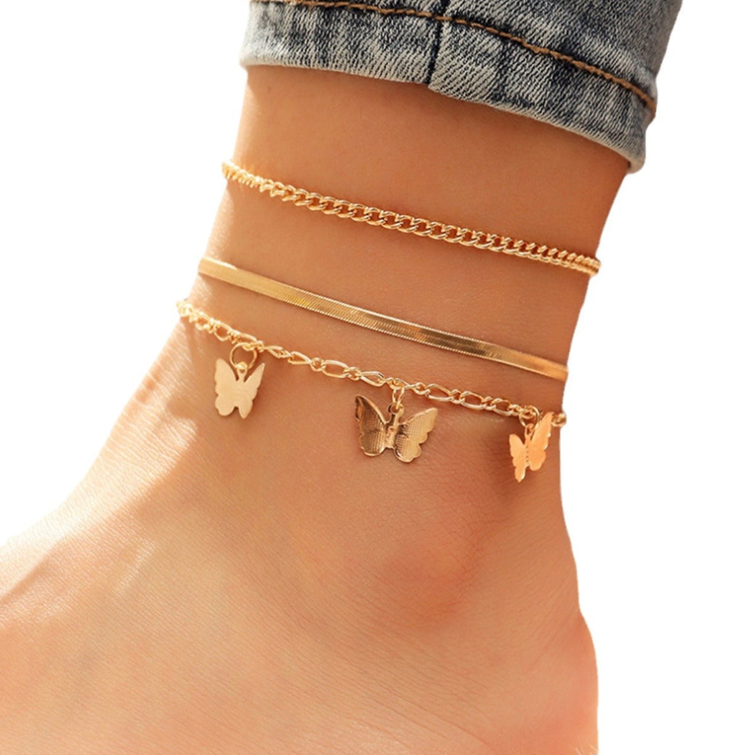 Triple Layer Anklet with Butterfly Charms & Mixed Chains JLTAK0017