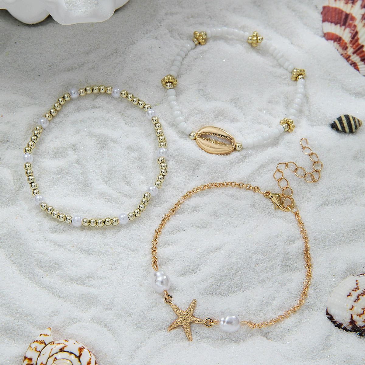 Just Lil Things Coastal Charm Gold & White Beaded Anklet Set JLTAK0026