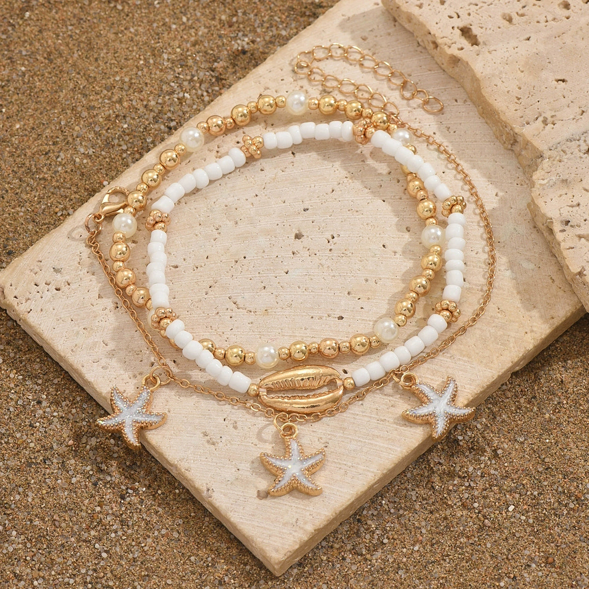 Just Lil Things  Golden Starfish & Seashell Beaded Anklet Set JLTAK0027