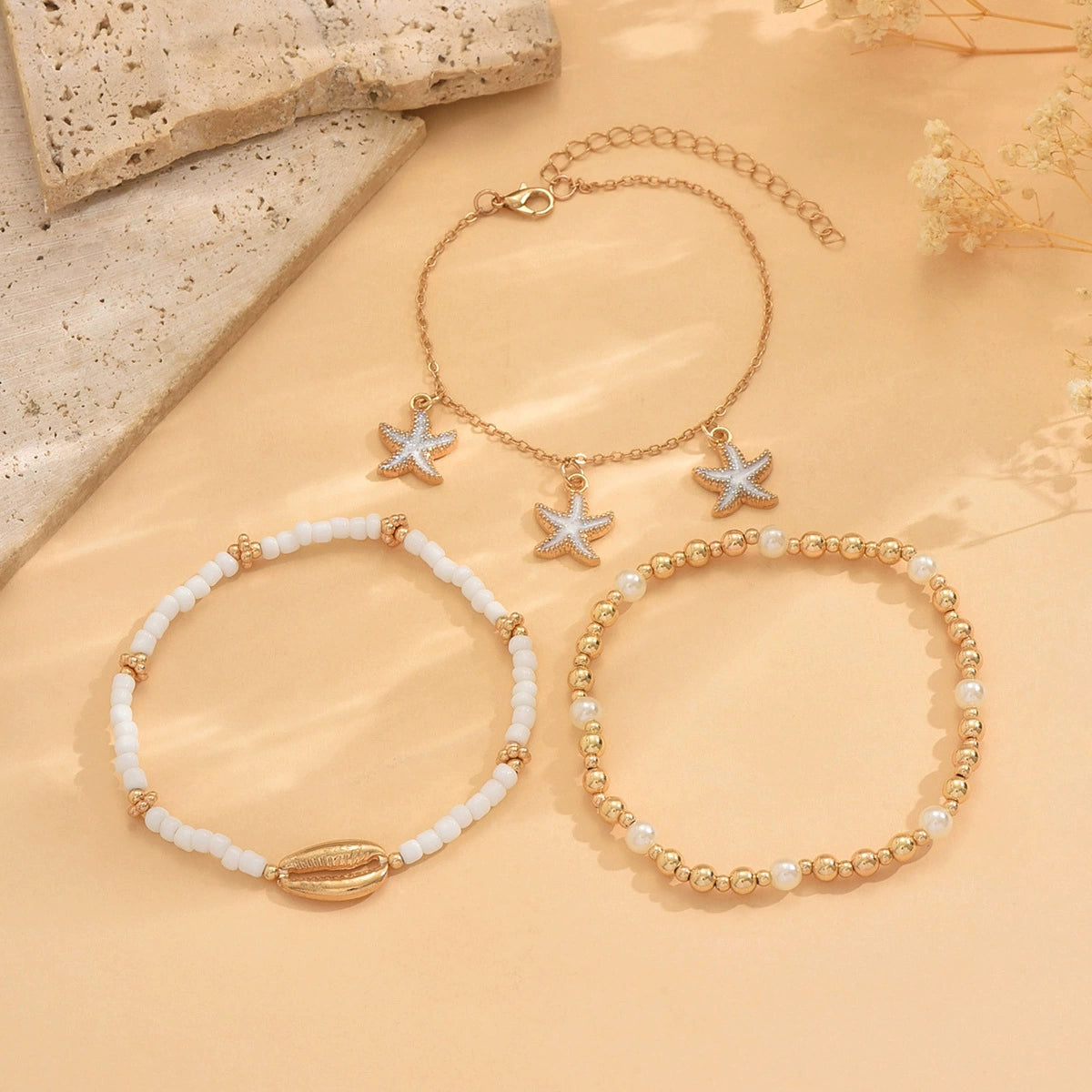 Just Lil Things  Golden Starfish & Seashell Beaded Anklet Set JLTAK0027