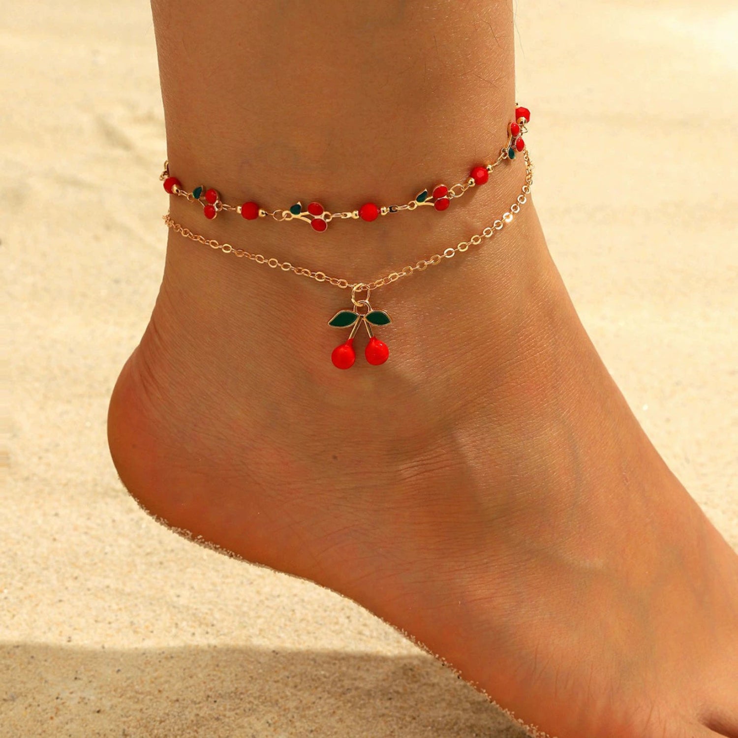 Just Lil Things Cherry Charm & Beaded Gold Anklet Set JLTAK0028