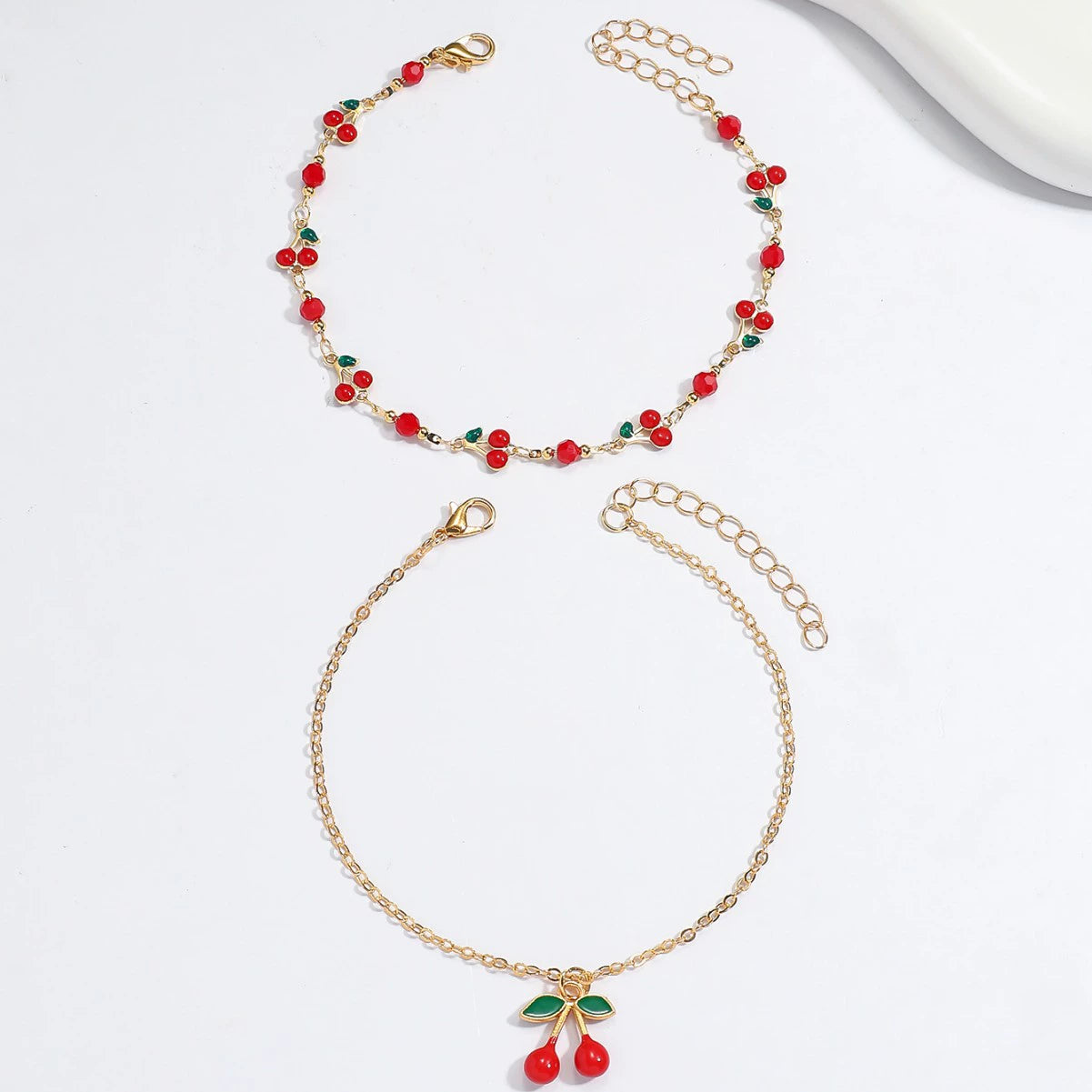 Just Lil Things Cherry Charm & Beaded Gold Anklet Set JLTAK0028