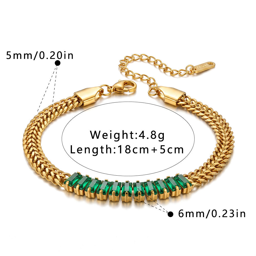 Double-layer braided chain baguette-cut green stones bracelet  JLTB0678