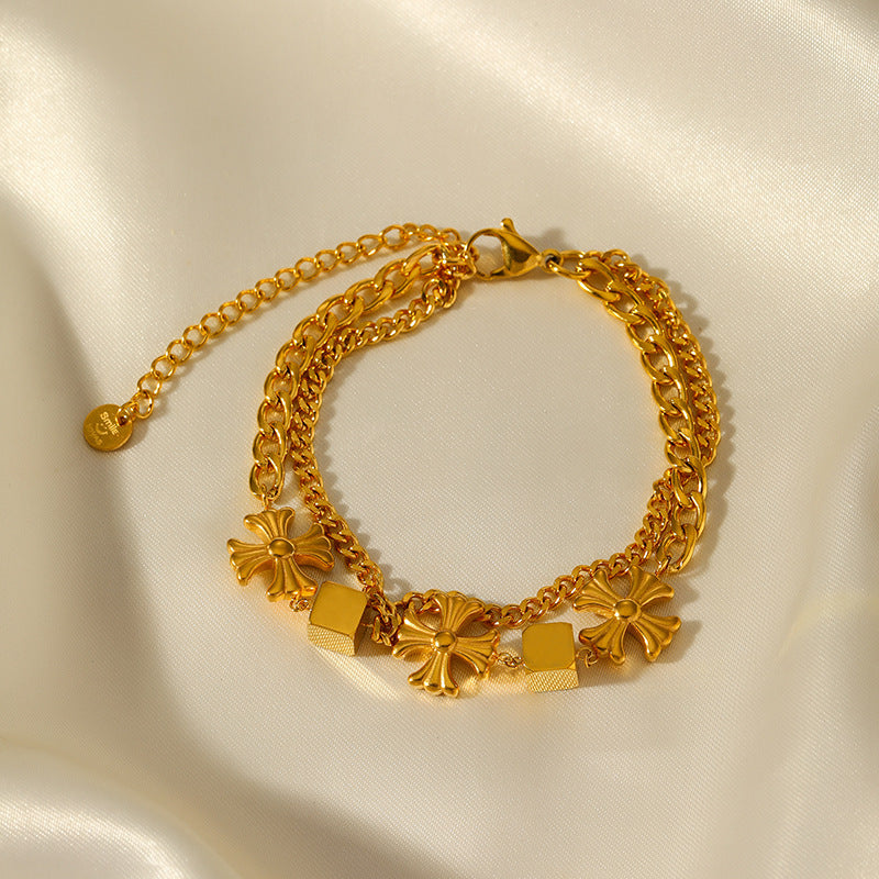 Elegant Multi-Layer Gold Chain Bracelet with floral and Cube Accents JLTB0686