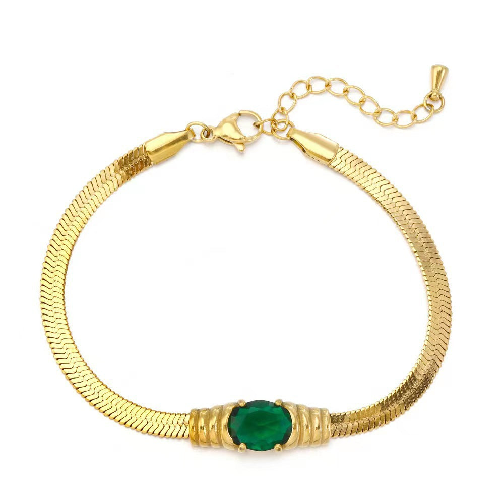 Elegant Snake Chain Bracelet with Emerald Green Stone JLTB0694