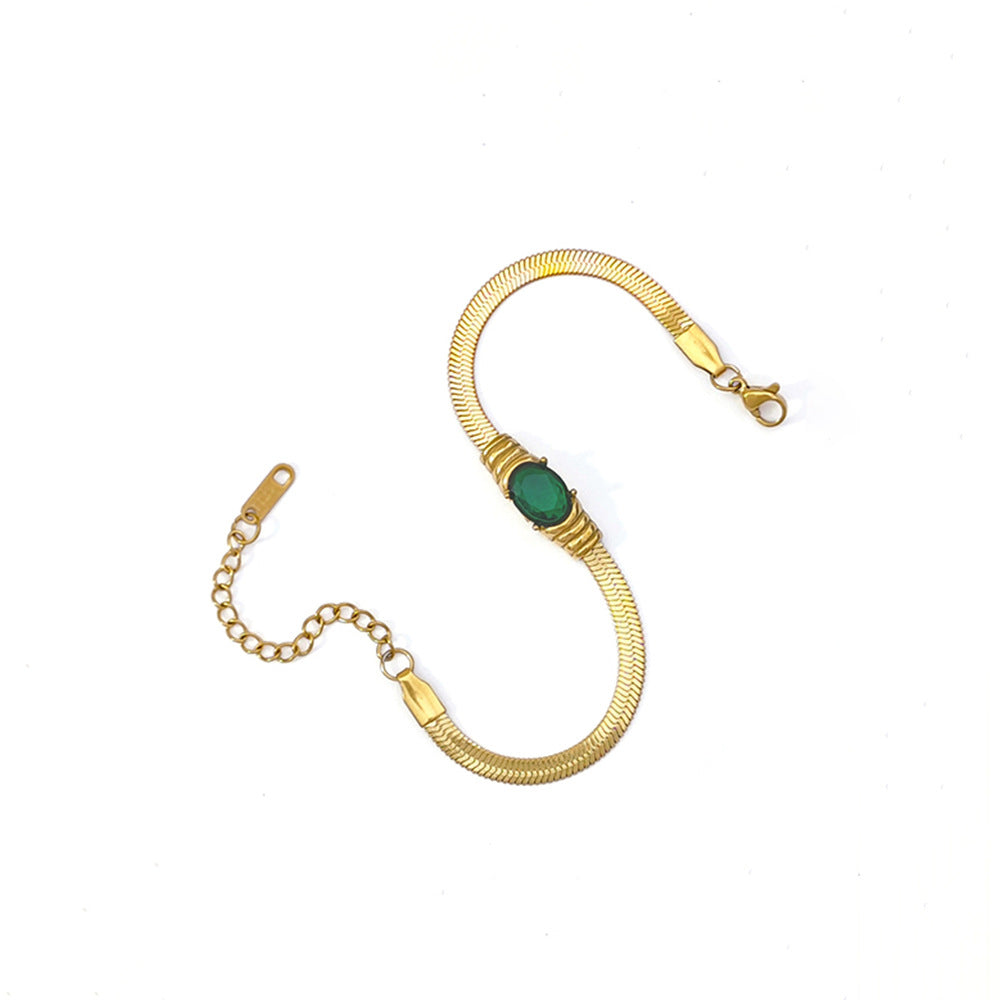Elegant Snake Chain Bracelet with Emerald Green Stone JLTB0694
