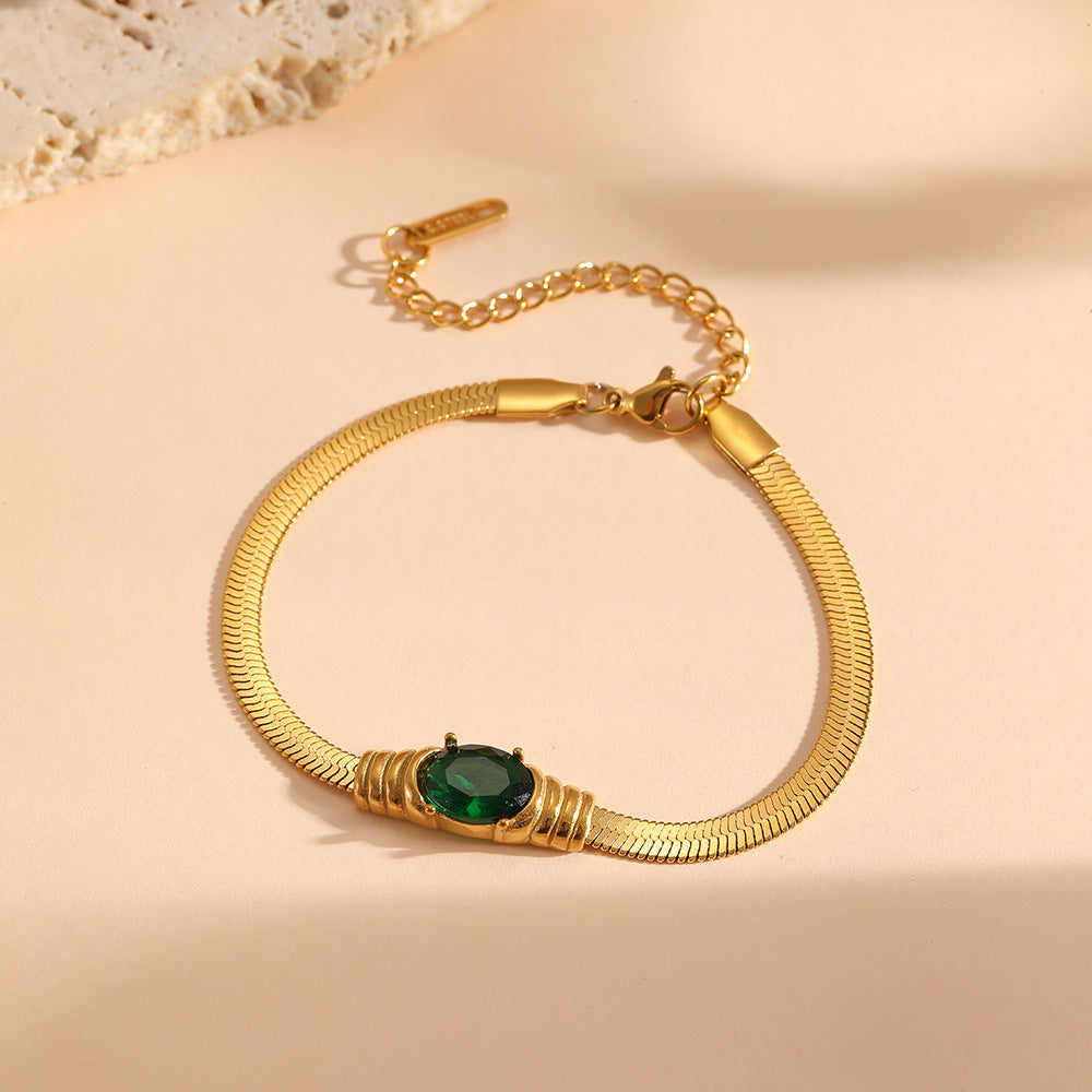 Elegant Snake Chain Bracelet with Emerald Green Stone JLTB0694