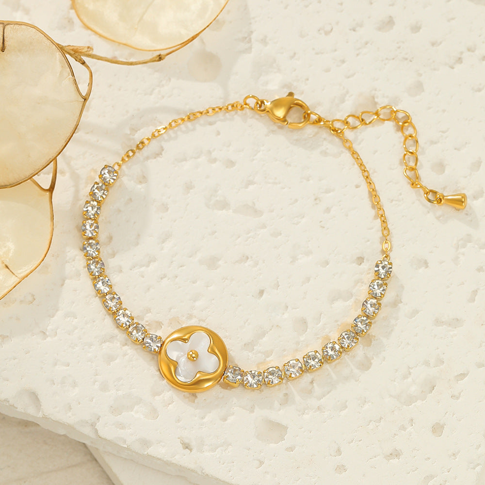 Minimalist Gold Bracelet with Dainty Floral Design and Crystals JLTB0696