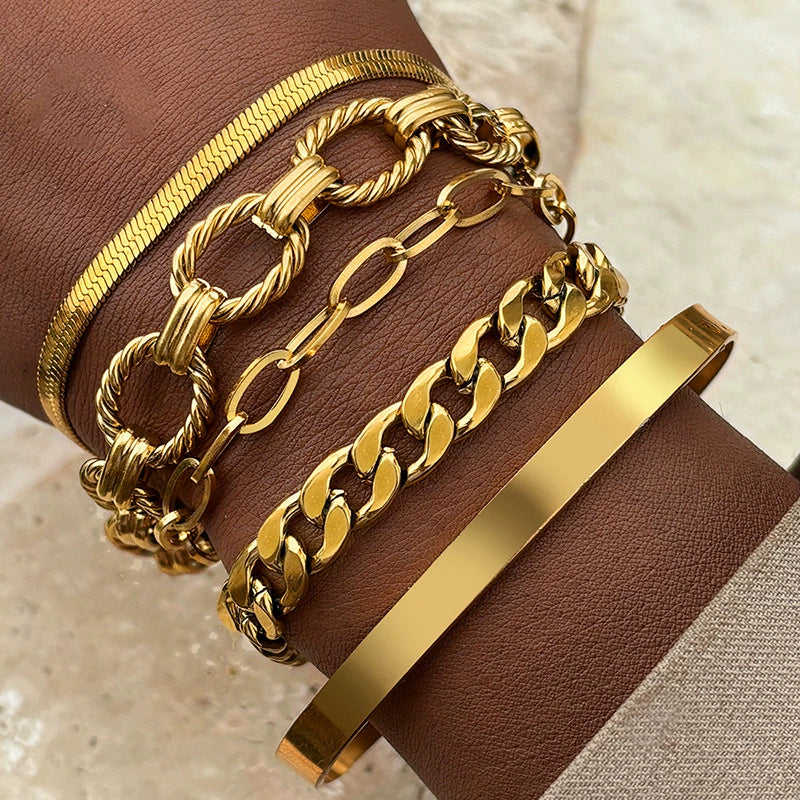 Shimmering Layers: Chic Gold Bracelet Ensemble mixed Twist Chain Bracelet Set JLTB0720