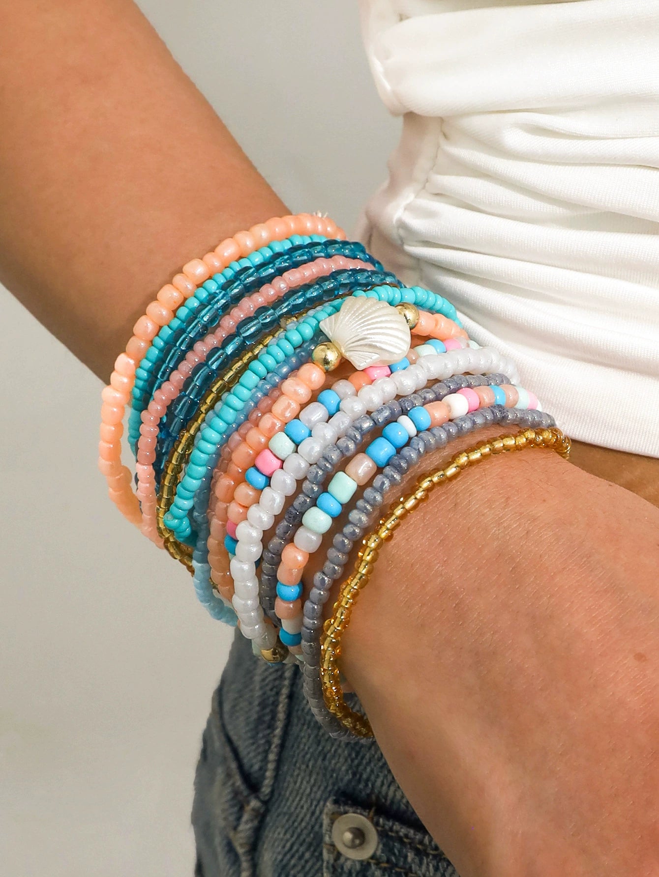 Bohemian pastel contrast color rice bead stacking bracelet set JLTB0732