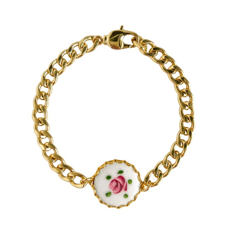 Vintage Gold Chain with Porcelain Rose Charm Bracelet JLTB0810