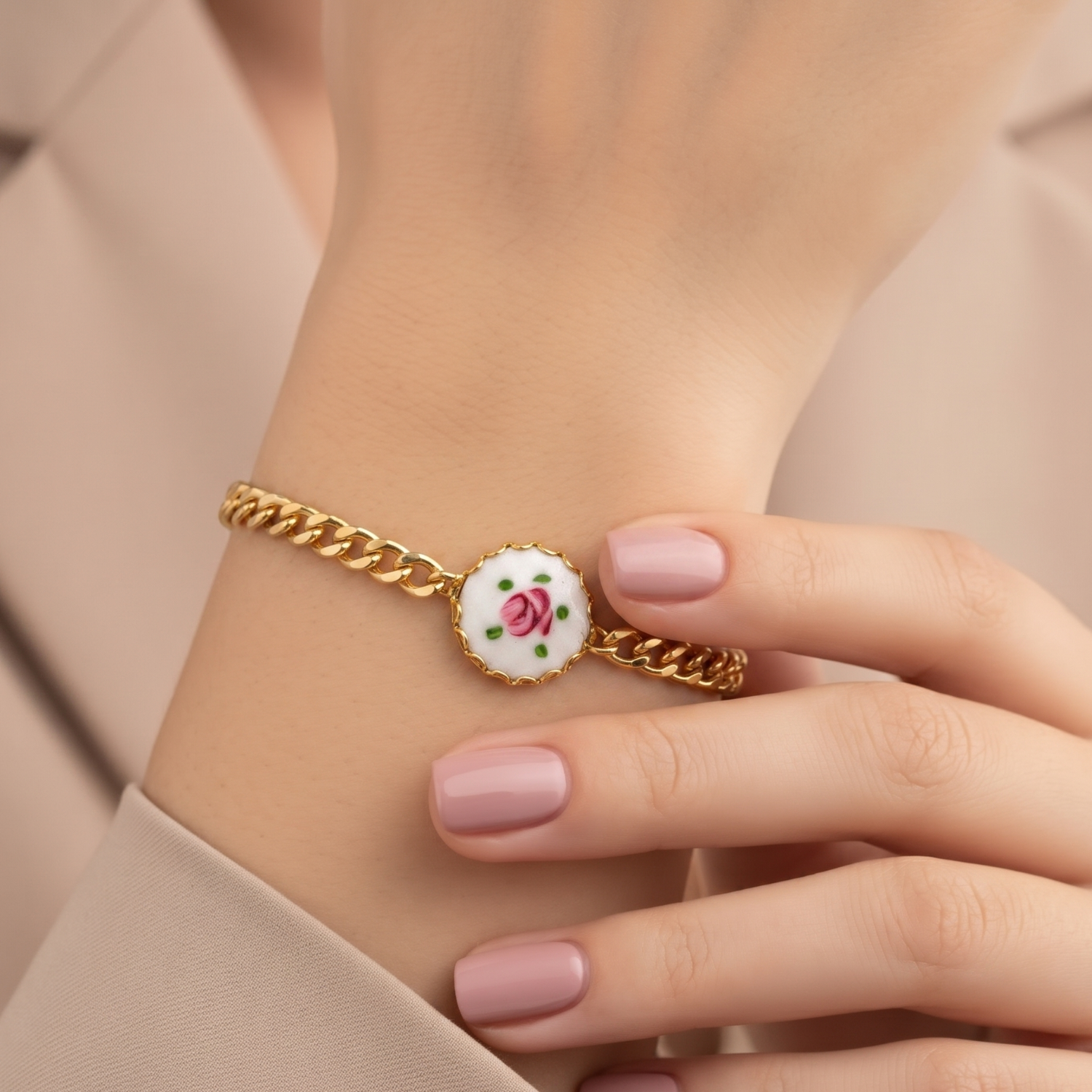 Vintage Gold Chain with Porcelain Rose Charm Bracelet JLTB0810