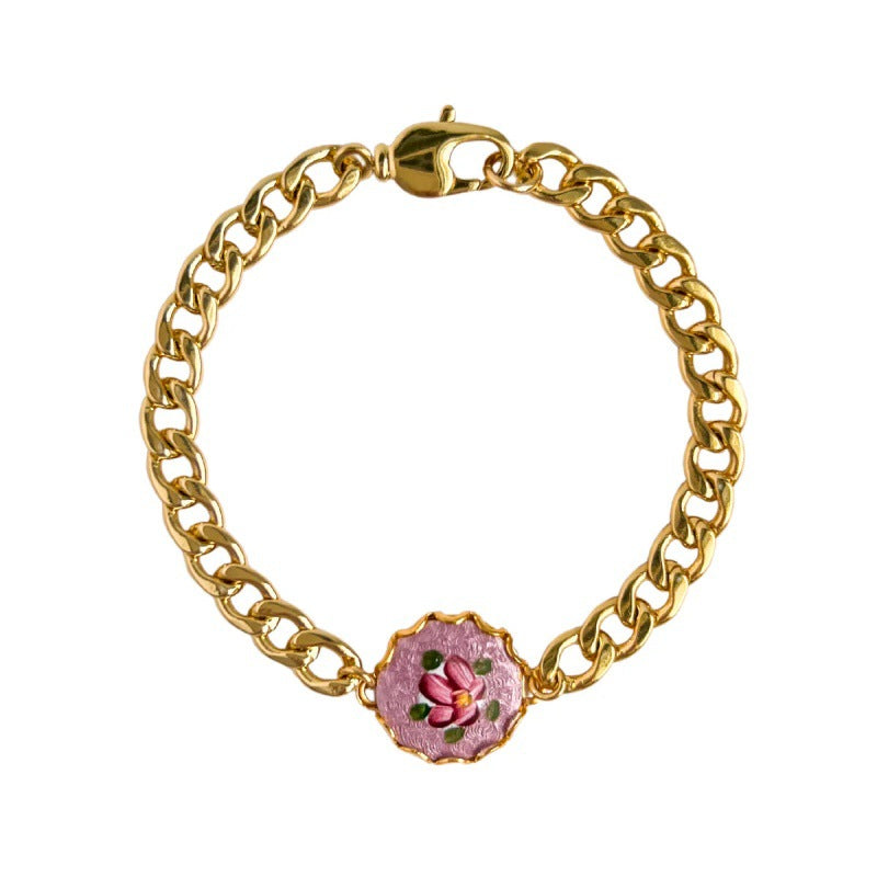 Vintage Gold Chain with Pink Porcelain Floral Medallion Bracelet JLTB0811