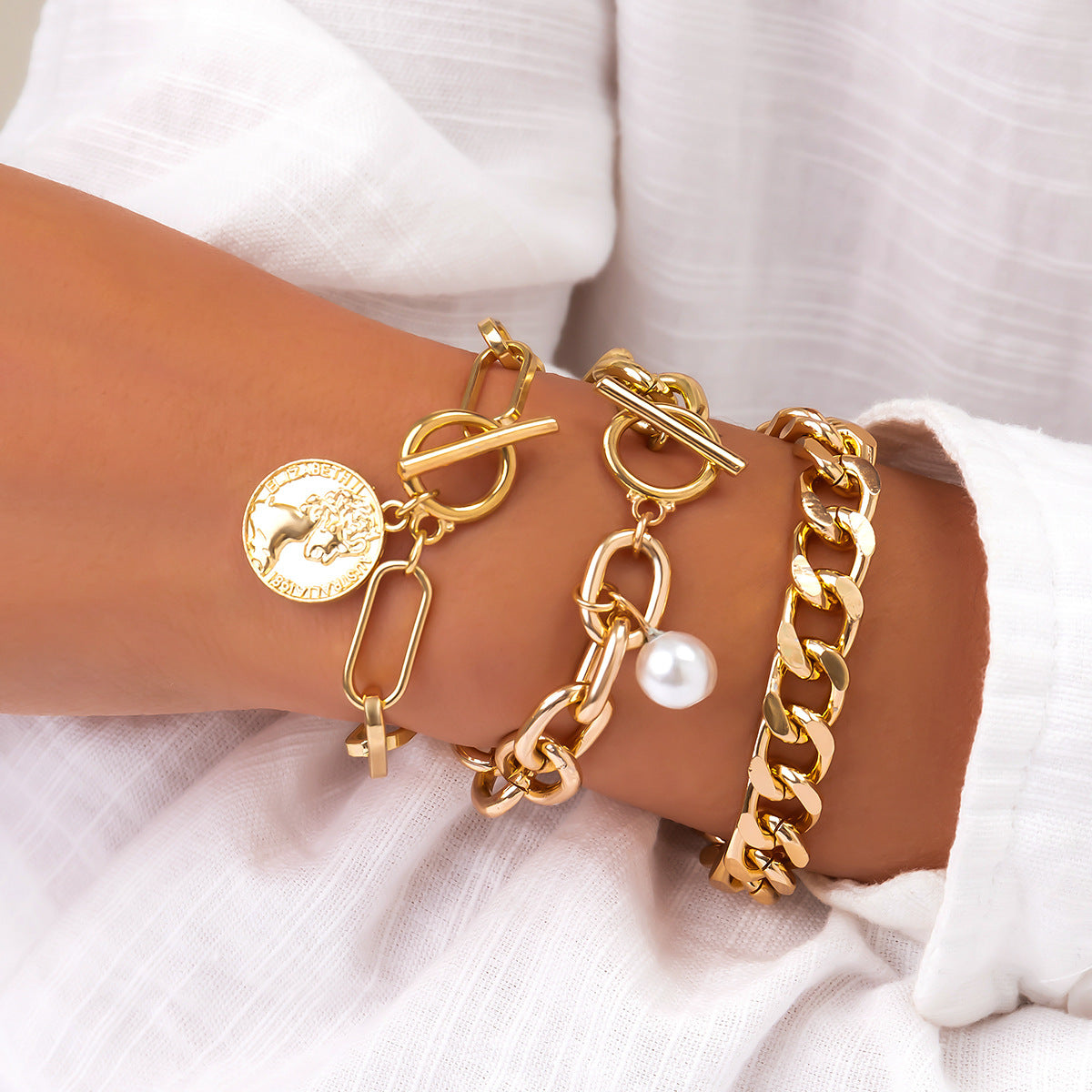 Elegant Gold Coin Charm Bracelet Stack Set JLTB0814