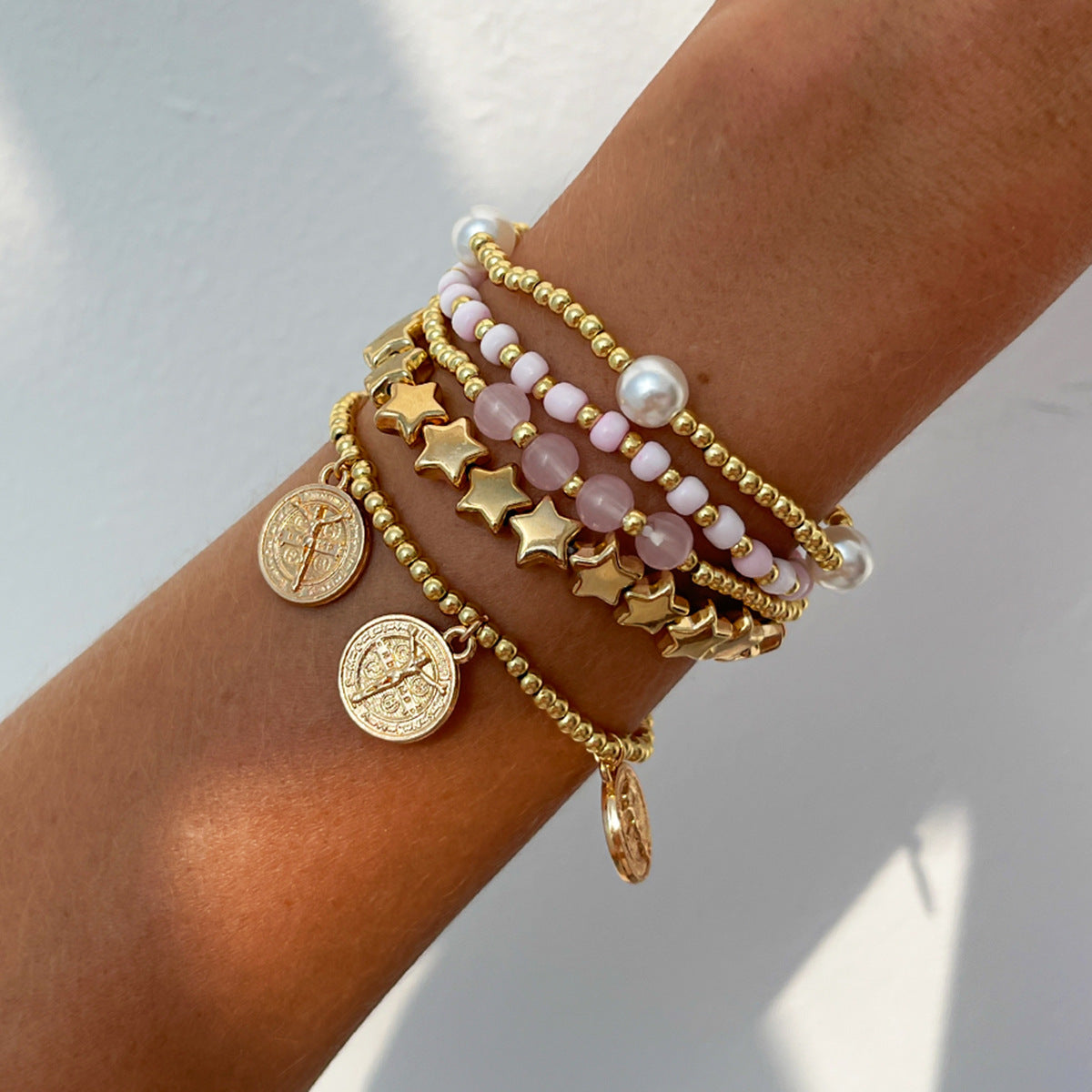 Charmed Beaded Stack Pink and Gold Bracelet Set JLTB0820