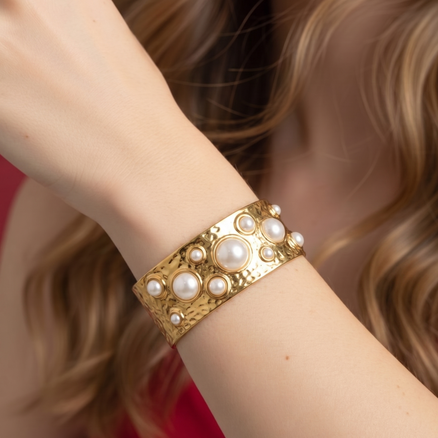 Hammered Gold Cuff Bracelet Adorned with Faux Pearl Embellishments JLTB0843