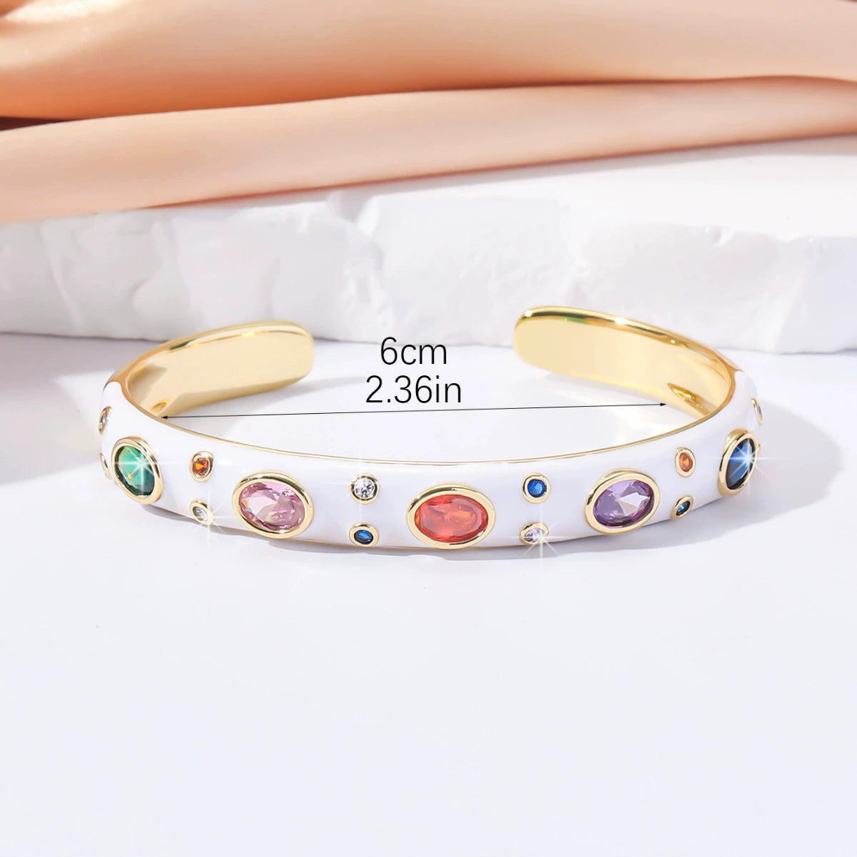 Just Lil Things Colorful Stone Adorned White Half Bangle with Gold Clasp JLTB0849