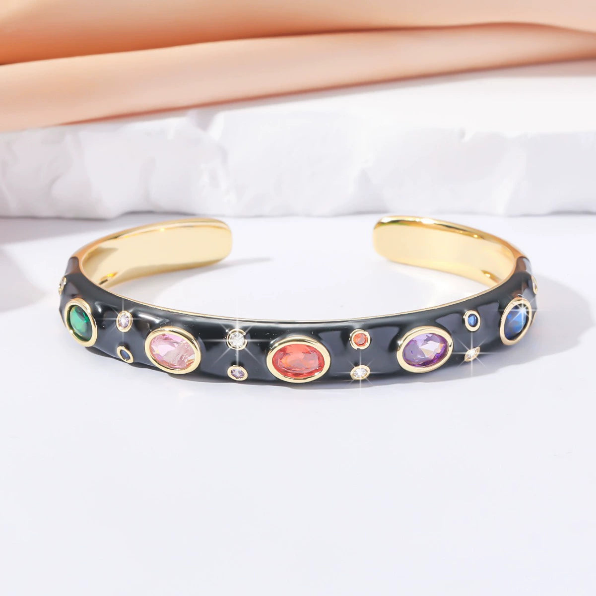 Just Lil Things Colorful Stone Adorned Black Bangle with Gold Clasp JLTB0850