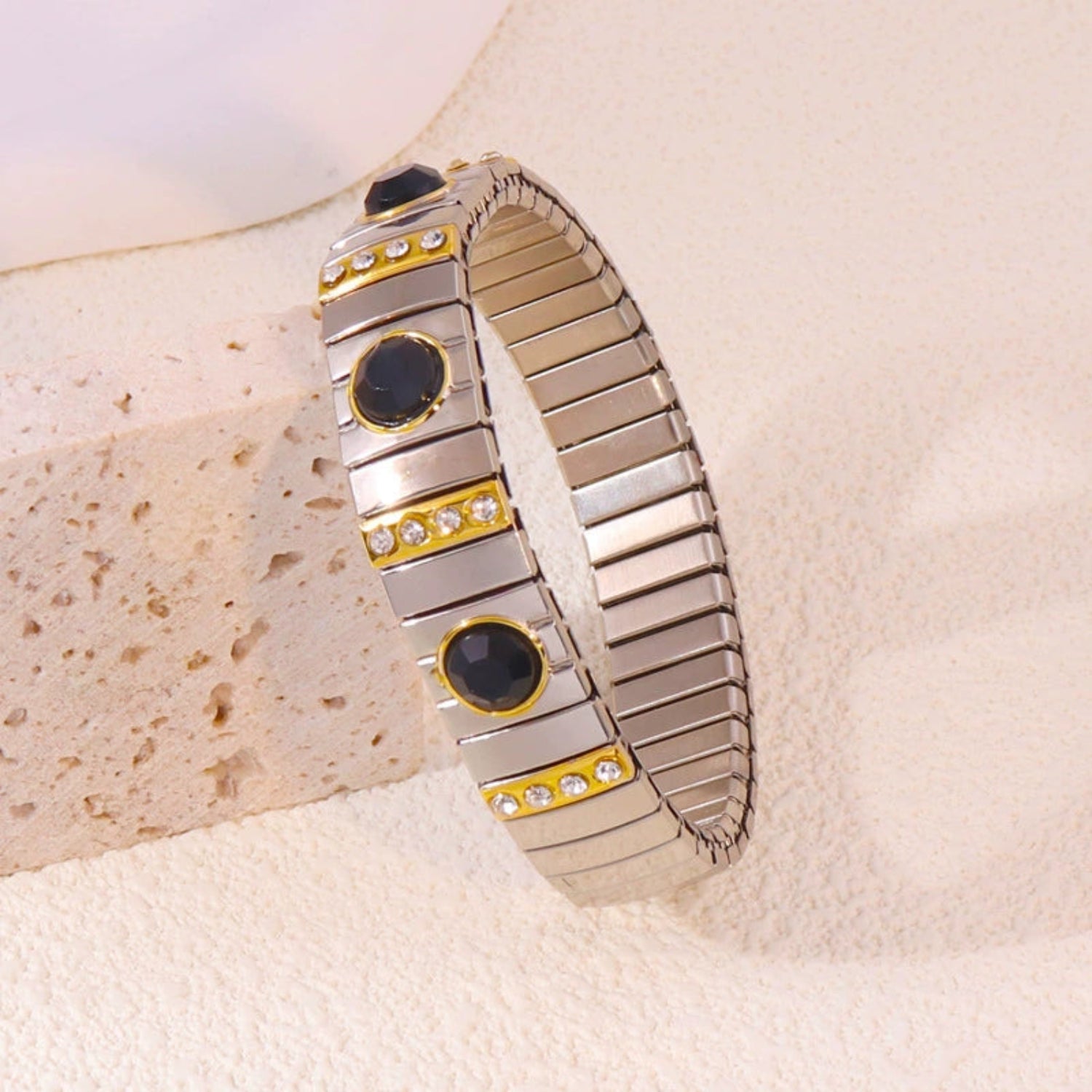 Just Lil Things Silver-Toned Stretch Bracelet with Black Faceted Stones & Crystal-Studded Gold Accents JLTB0860