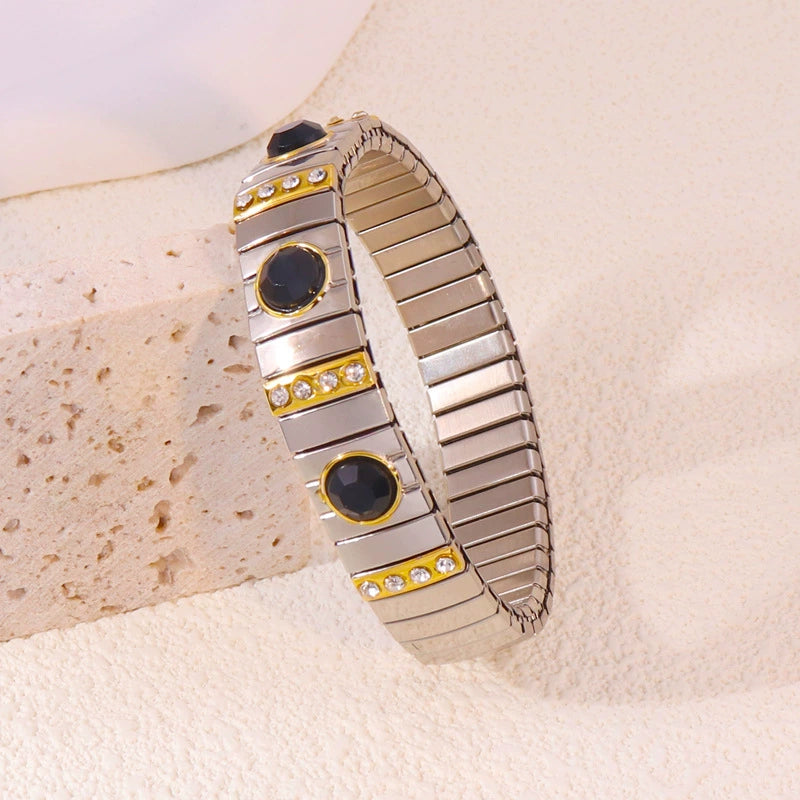 Just Lil Things Silver-Toned Stretch Bracelet with Black Faceted Stones & Crystal-Studded Gold Accents JLTB0860