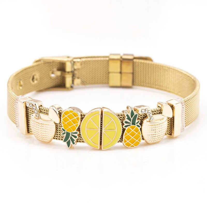 Just Lil Things Gold Mesh Bracelet with Pineapple, Lemon Slice & Coconut Drink Charms JLTB0864