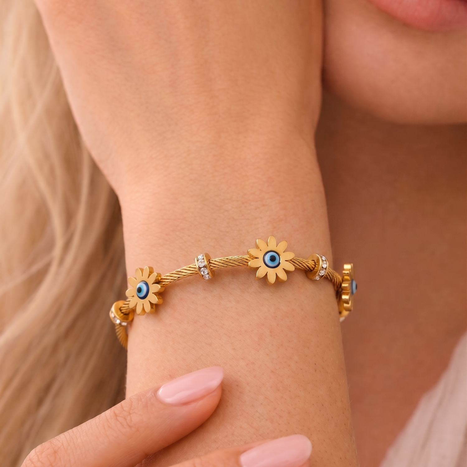 Just Lil Things Golden Daisy Evil Eye Cable Wire Bracelet JLTB0867