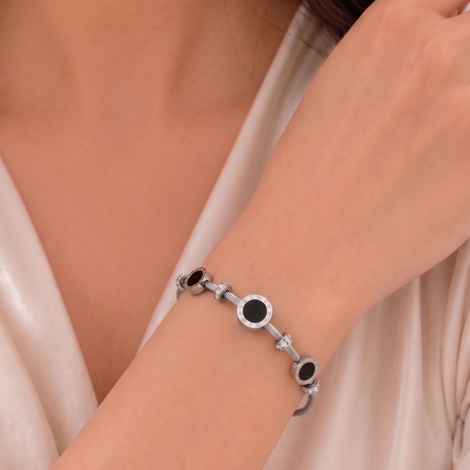Just Lil Things Silver Cable Wire Bracelet with Black Ename JLTB0869