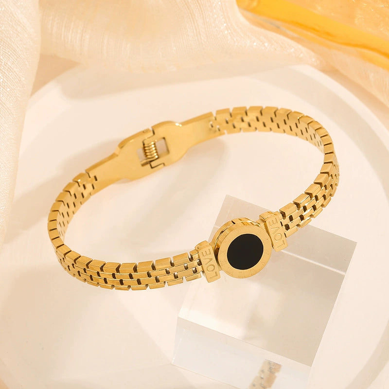 Just Lil Things Gold Link Bracelet with Black Enamel Round Charm JLTB0871