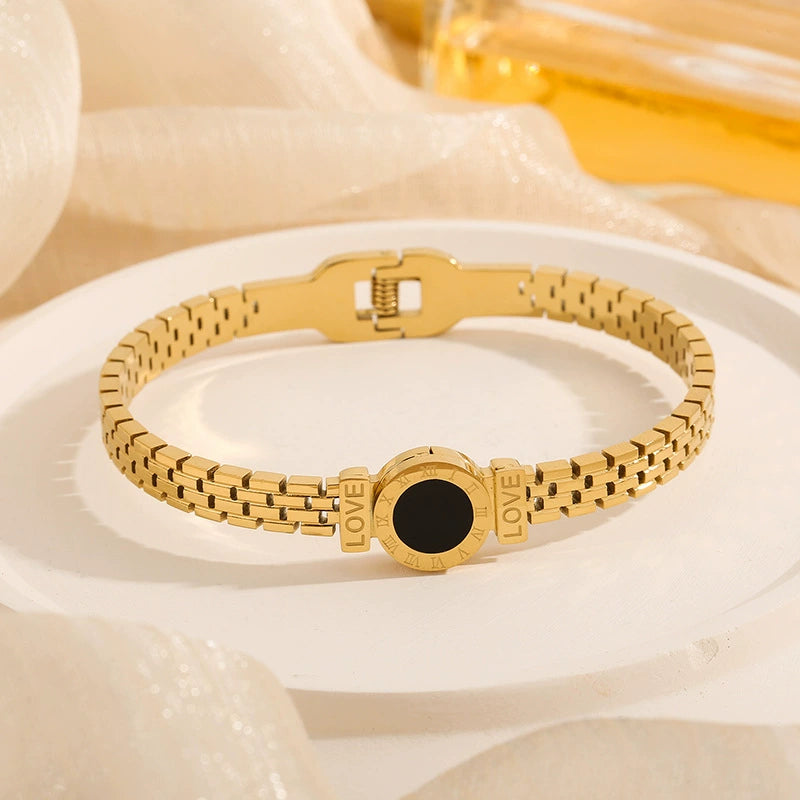 Just Lil Things Gold Link Bracelet with Black Enamel Round Charm JLTB0871