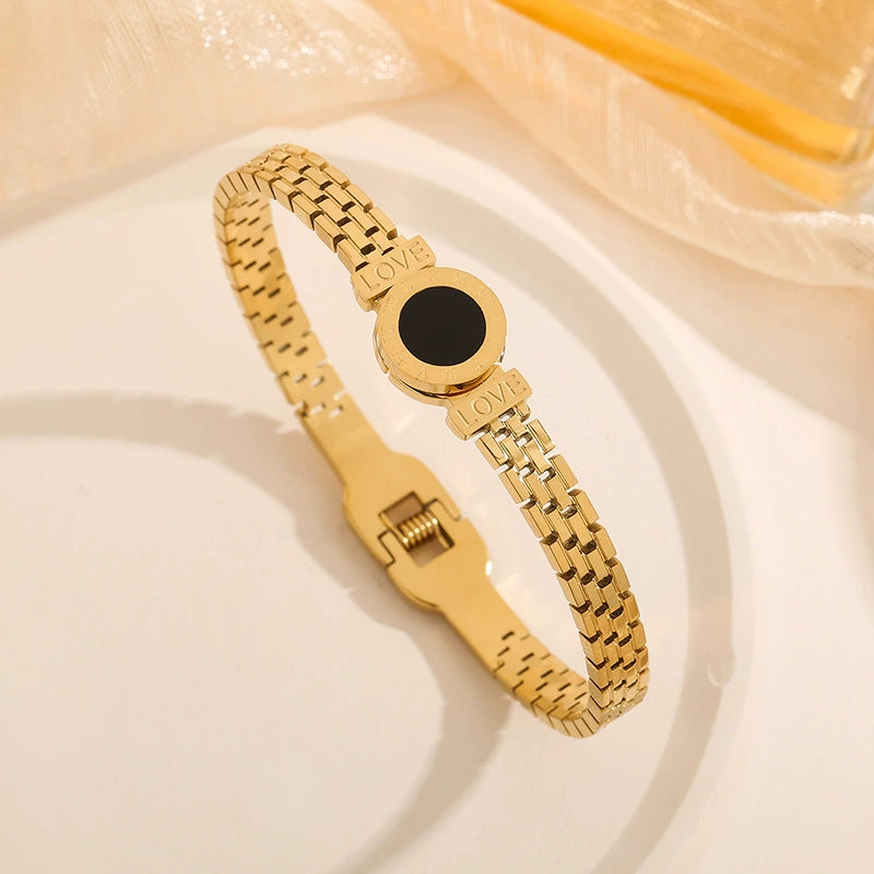 Just Lil Things Gold Link Bracelet with Black Enamel Round Charm JLTB0871