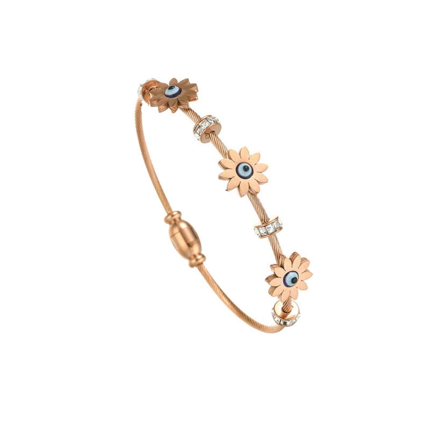 Just Lil Things Rose Gold Daisy Evil Eye Cable Wire Bracelet JLTB0872