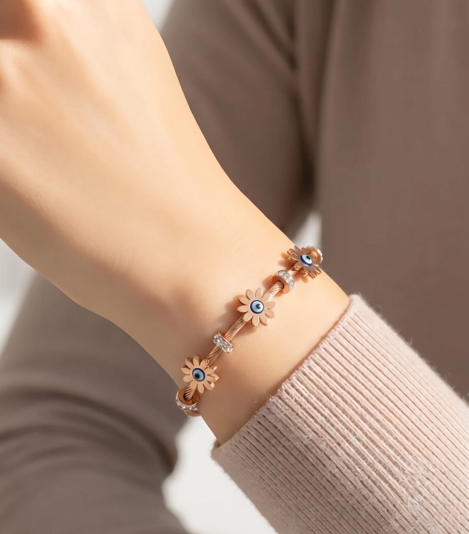 Just Lil Things Rose Gold Daisy Evil Eye Cable Wire Bracelet JLTB0872