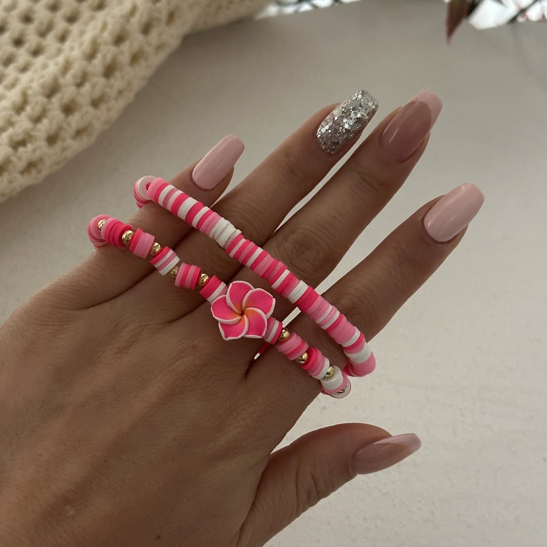 Just Lil Things Pink & White Beaded Bracelet Set with Floral Charm Design JLTB0880 - pack of 2