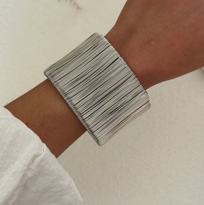 Just lil Things Textured Silver Wide Cuff Bracelet – Layered Wire Design JLTB0887