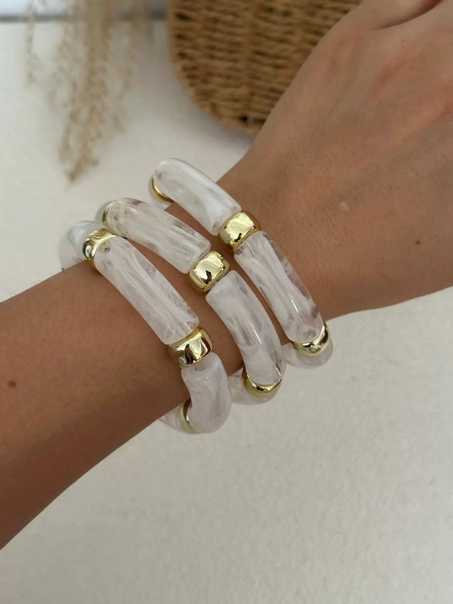 Just Lil Things White Marbled Resin Bracelet Set – Gold Accent Segment Design JLTB0906