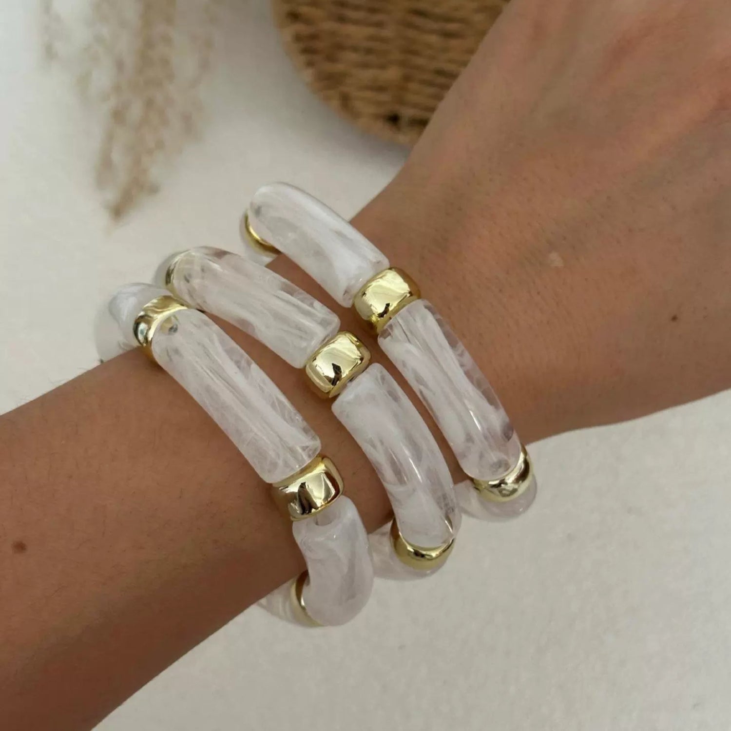 Just Lil Things White Marbled Resin Bracelet Set – Gold Accent Segment Design JLTB0906