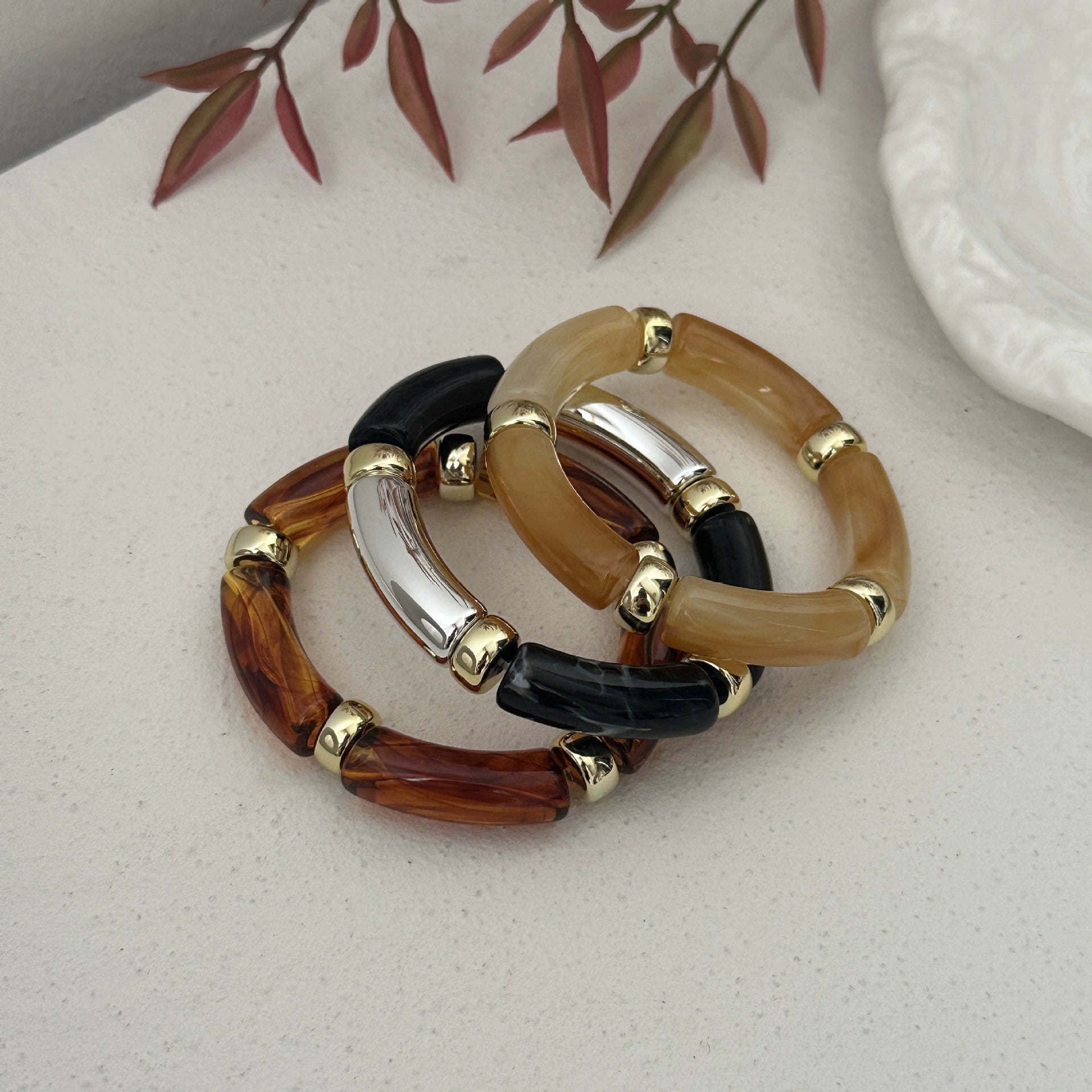Just Lil Things Earth-Tone Resin Bracelet Set – Gold Accent Segment Design JLTB0909