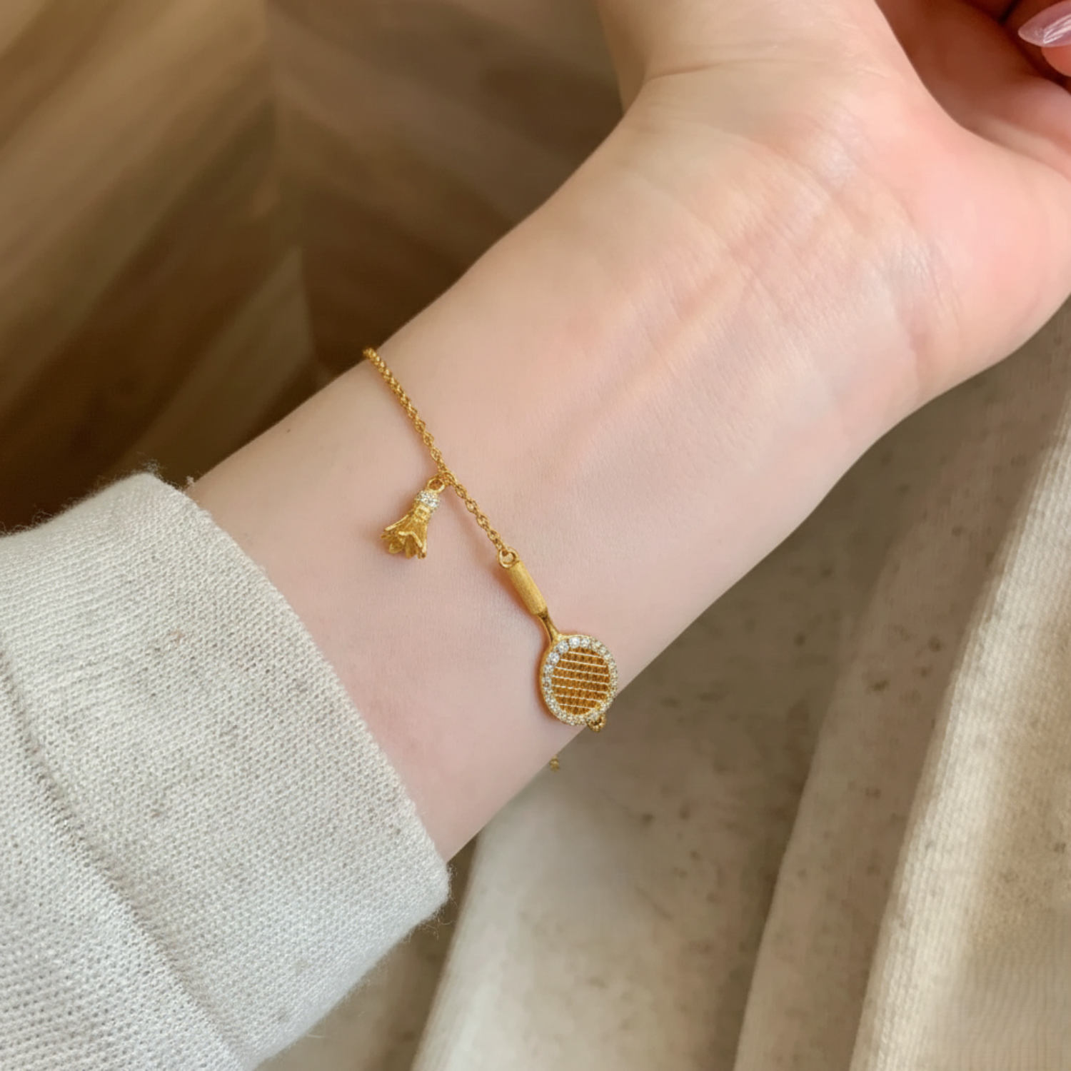 Gold Tennis Racket Charm Bracelet JLTB1019